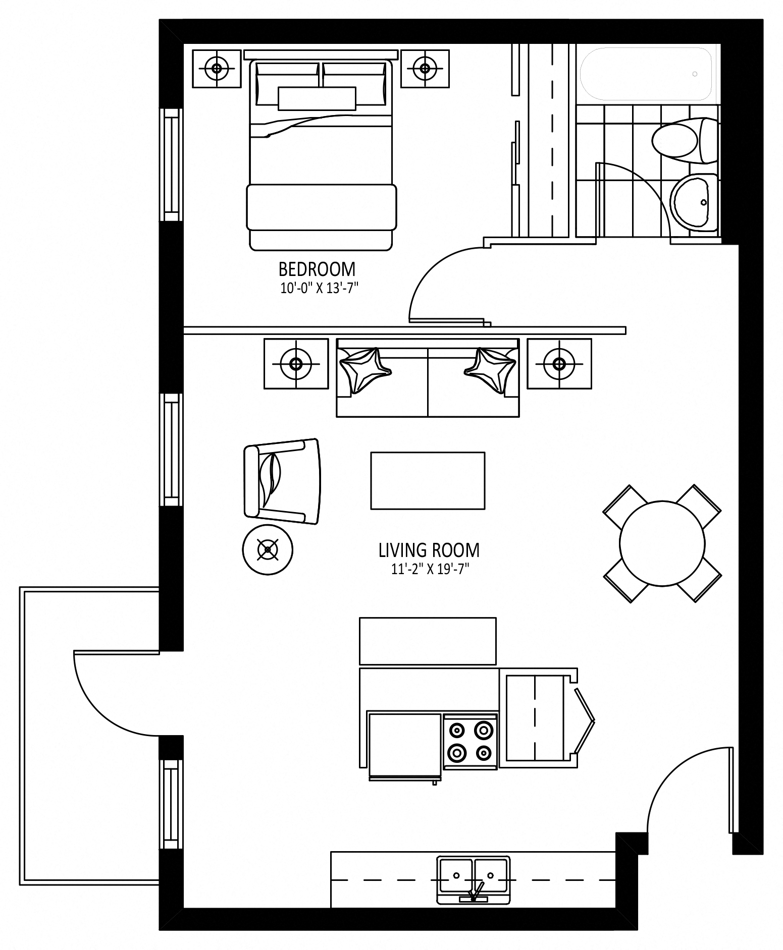 Floor plan for 1 bed, 1 bath, 650 sqft